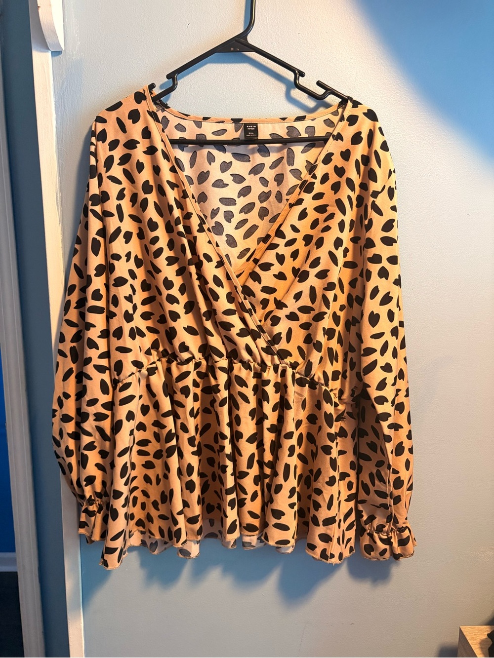 SHEIN Tan and Black Leopard Print Wrap Peplum Blouse